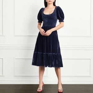 Hill House Louisa Navy Velvet Midi Dress Medium